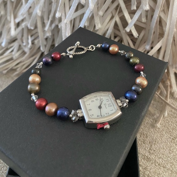 🪞 NEW genuine freshwater cultured pearl and crystals square watch bracelet - Picture 5 of 8